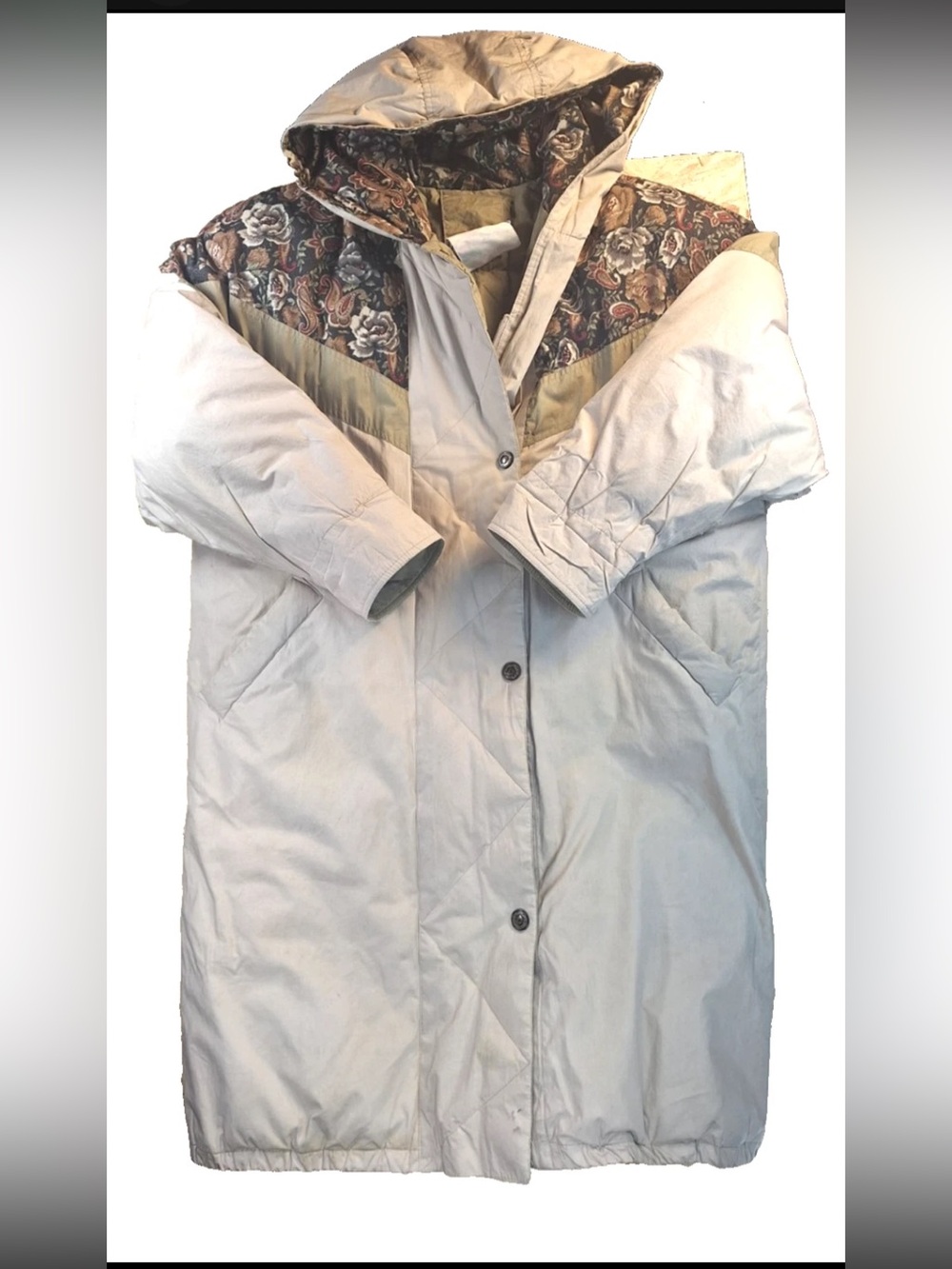 VTG 90s Cyclone Women 12 Hooded Goose Down Long Trench Puffer Jacket Coat Floral